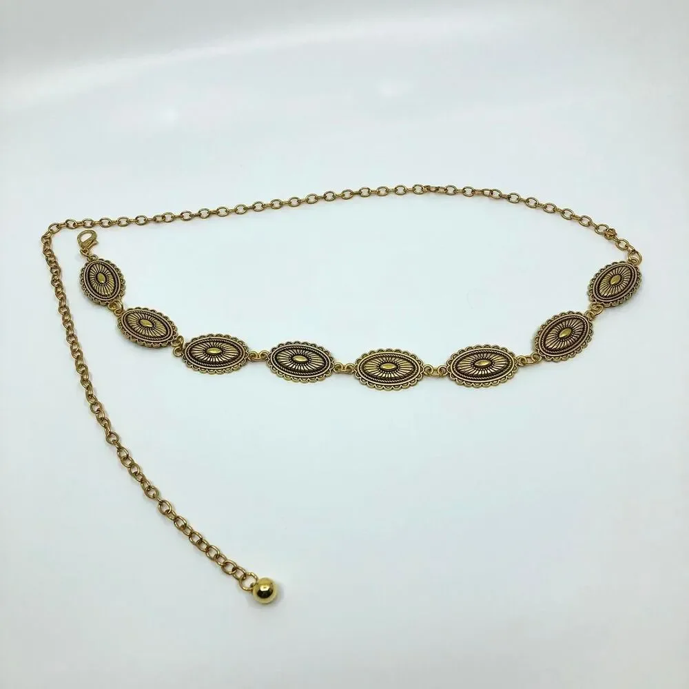 Vintage Y2K Western Gold-Tone Concho Chain Belt, Fits 16–39.5 Inches, X7GA1216
